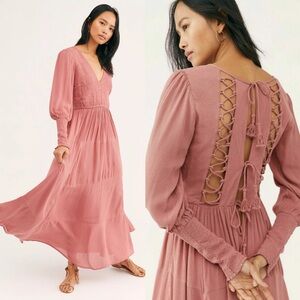 Free People Endless Summer Wednesday Smocked Back Lace Up Maxi Dress‎ XS Rose